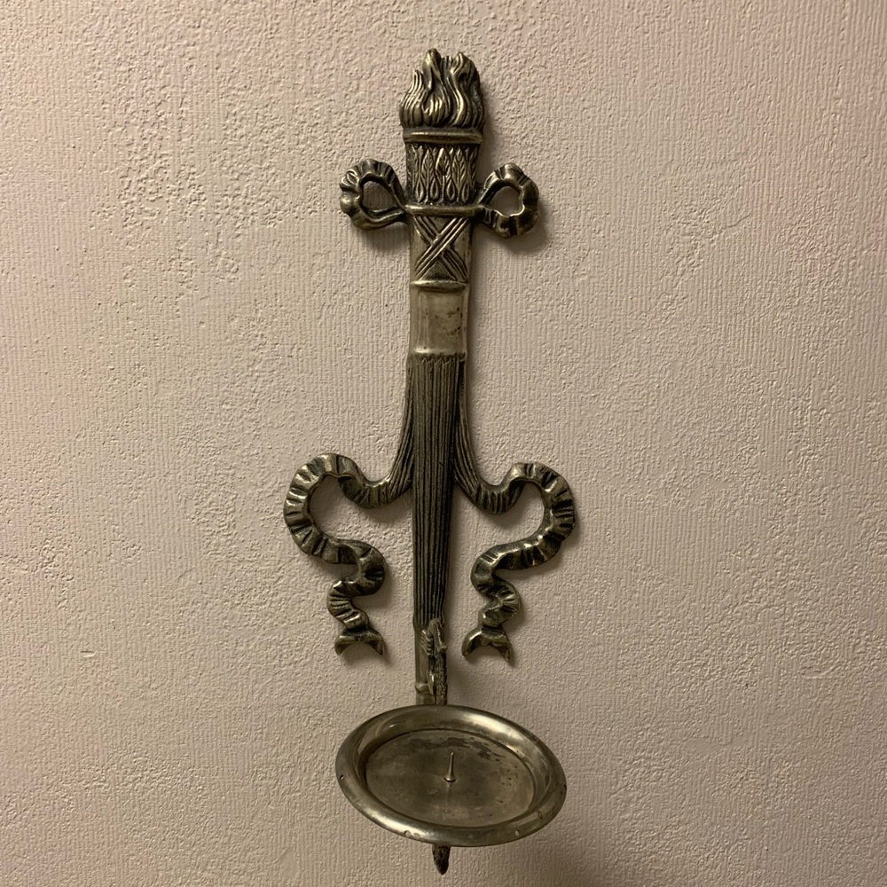 Vintage Bombay Solid Brass Wall Sconce Torch & Ribbon Candle Holder